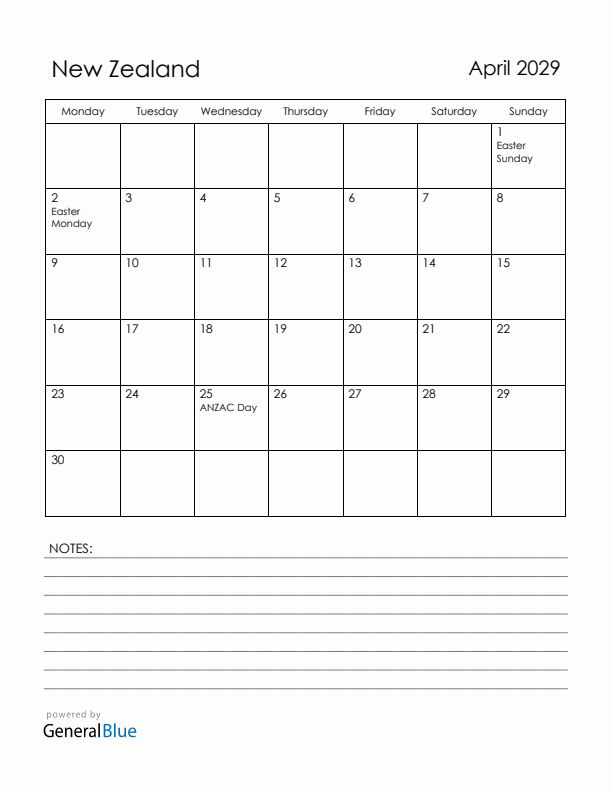 April 2029 New Zealand Calendar with Holidays (Monday Start)