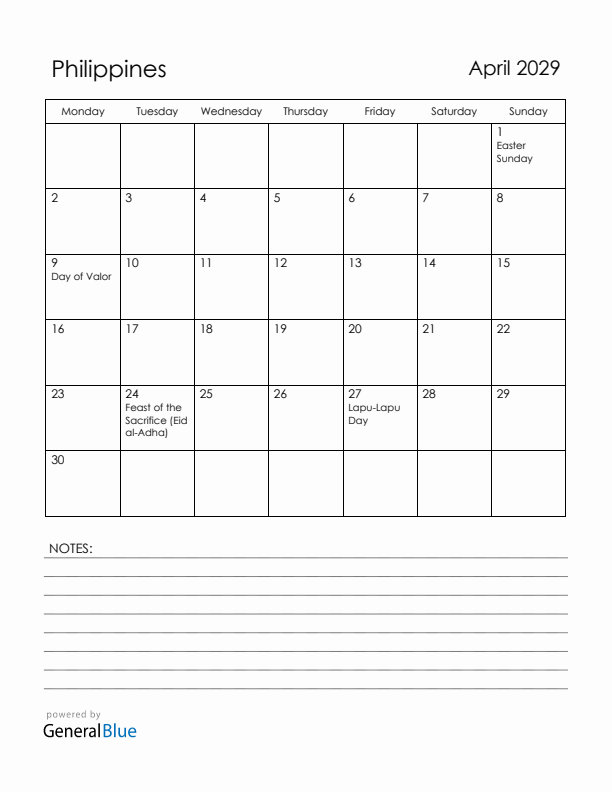 April 2029 Philippines Calendar with Holidays (Monday Start)
