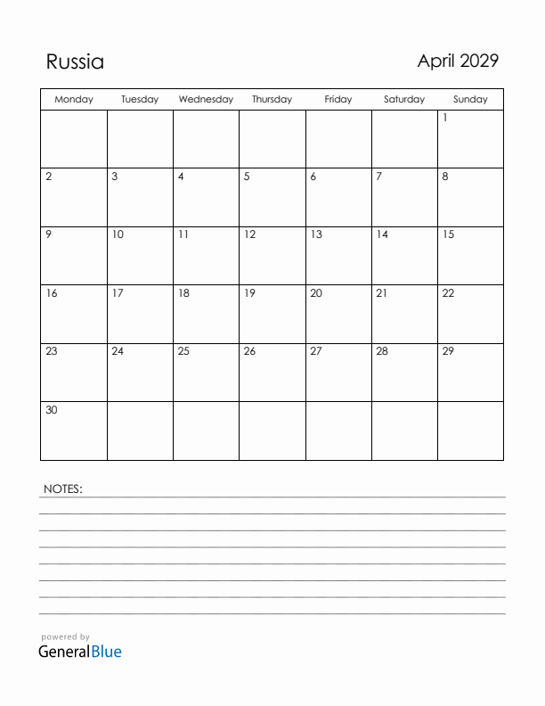 April 2029 Russia Calendar with Holidays (Monday Start)