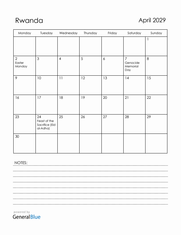 April 2029 Rwanda Calendar with Holidays (Monday Start)