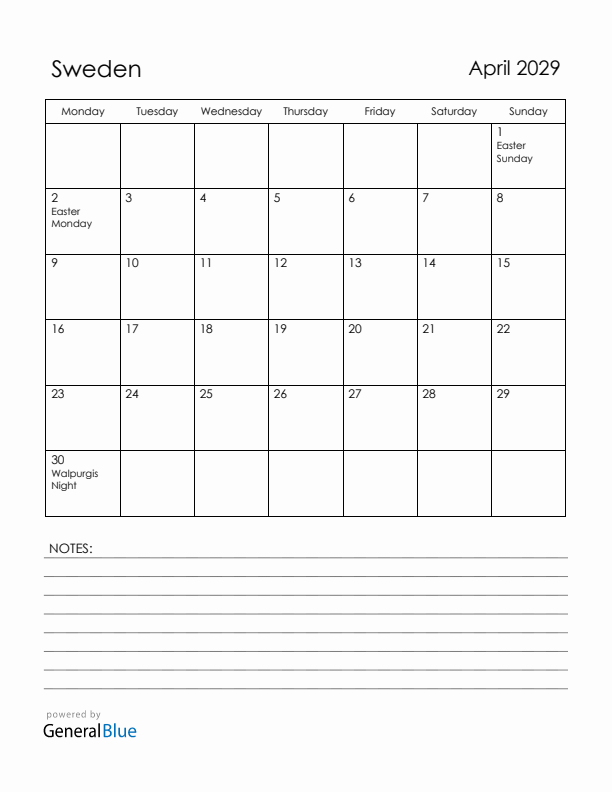 April 2029 Sweden Calendar with Holidays (Monday Start)