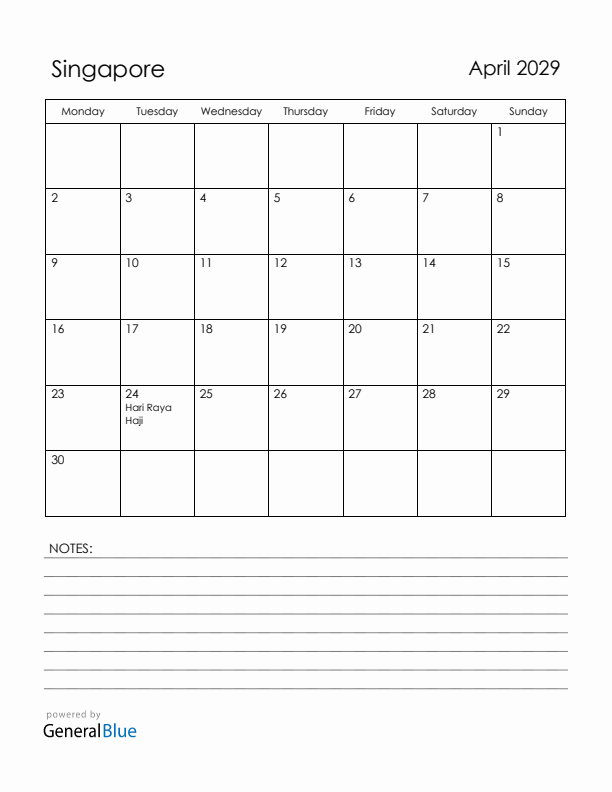 April 2029 Singapore Calendar with Holidays (Monday Start)