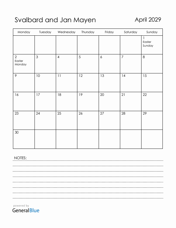 April 2029 Svalbard and Jan Mayen Calendar with Holidays (Monday Start)