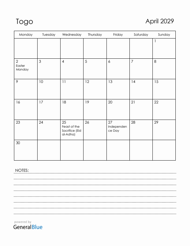 April 2029 Togo Calendar with Holidays (Monday Start)