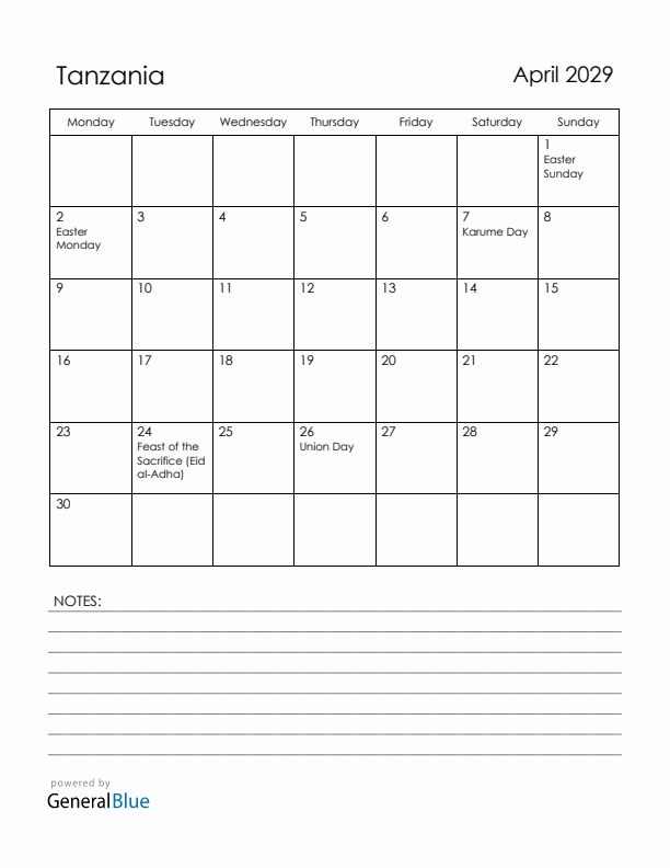 April 2029 Tanzania Calendar with Holidays (Monday Start)