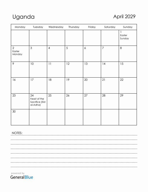 April 2029 Uganda Calendar with Holidays (Monday Start)