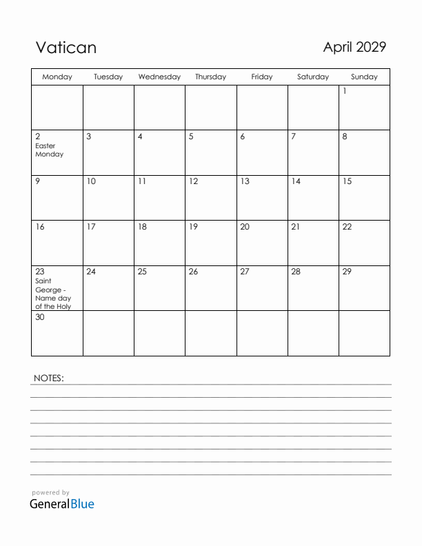 April 2029 Vatican Calendar with Holidays (Monday Start)