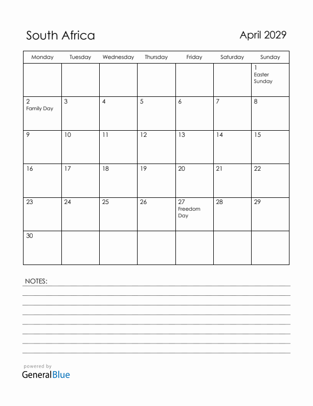 April 2029 South Africa Calendar with Holidays (Monday Start)