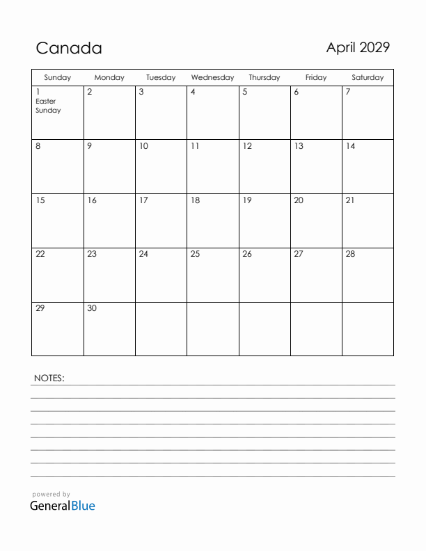 April 2029 Canada Calendar with Holidays (Sunday Start)
