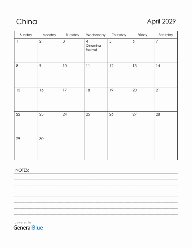April 2029 China Calendar with Holidays (Sunday Start)