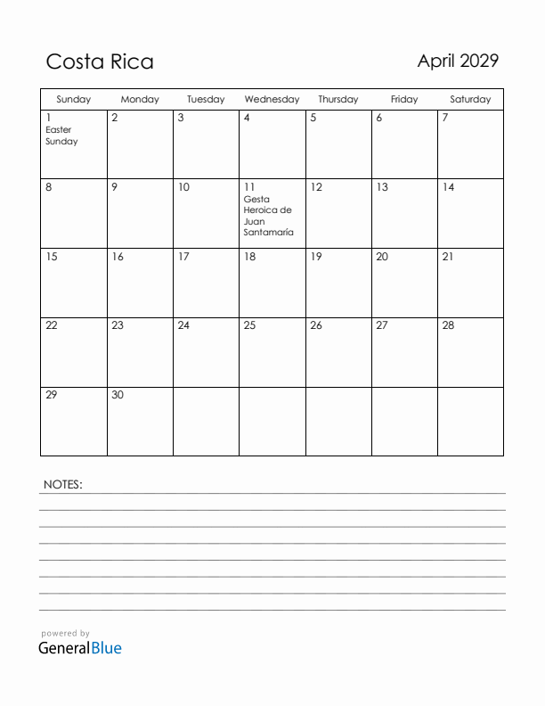 April 2029 Costa Rica Calendar with Holidays (Sunday Start)