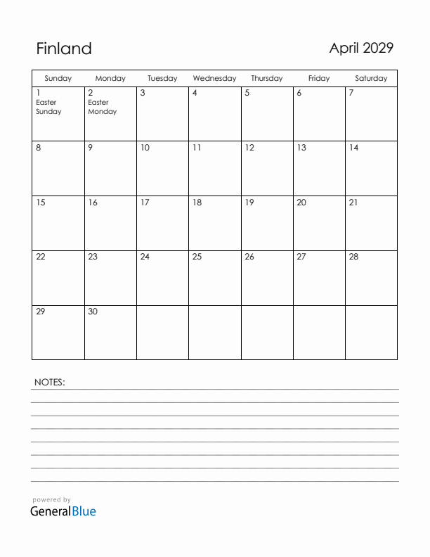 April 2029 Finland Calendar with Holidays (Sunday Start)