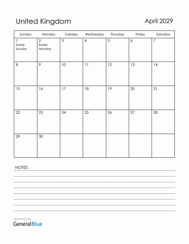 April 2029 United Kingdom Calendar with Holidays (Sunday Start)