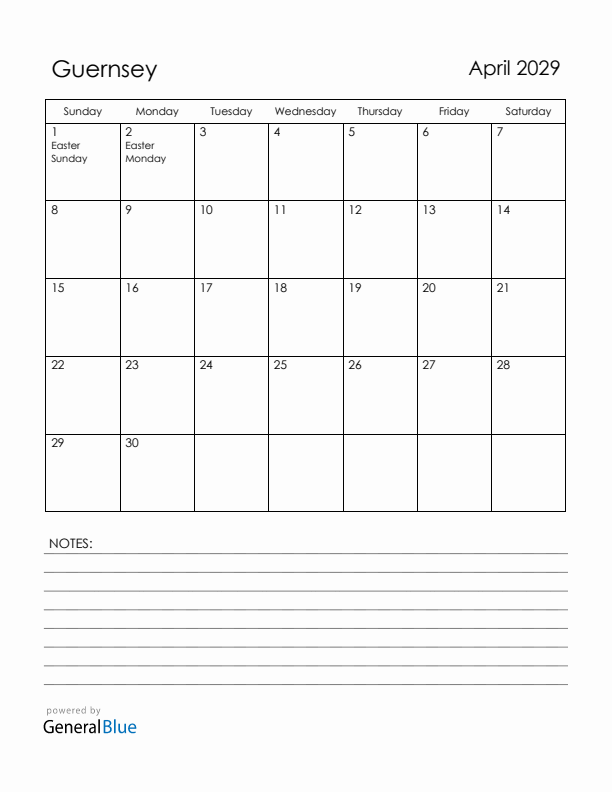 April 2029 Guernsey Calendar with Holidays (Sunday Start)