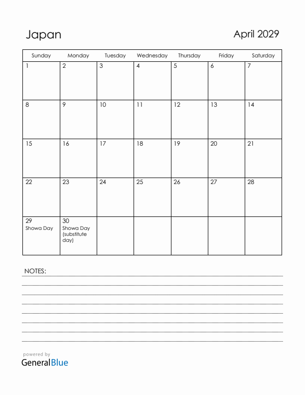 April 2029 Japan Calendar with Holidays (Sunday Start)