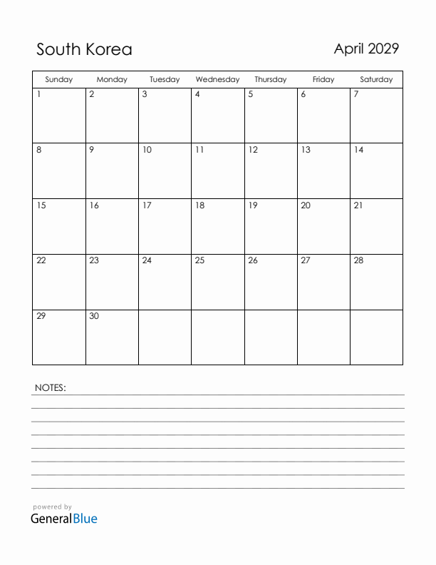 April 2029 South Korea Calendar with Holidays (Sunday Start)