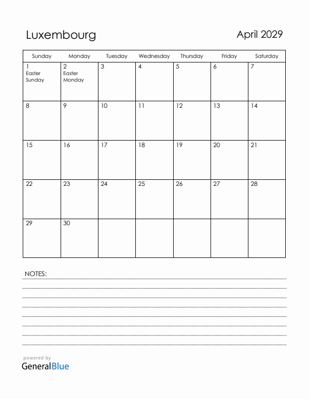 April 2029 Luxembourg Calendar with Holidays (Sunday Start)