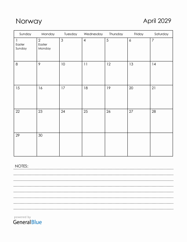 April 2029 Norway Calendar with Holidays (Sunday Start)