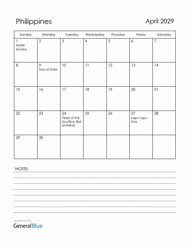 April 2029 Philippines Calendar with Holidays (Sunday Start)