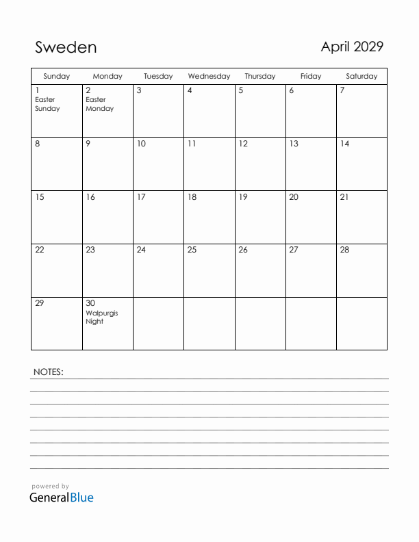 April 2029 Sweden Calendar with Holidays (Sunday Start)