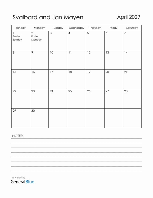 April 2029 Svalbard and Jan Mayen Calendar with Holidays (Sunday Start)