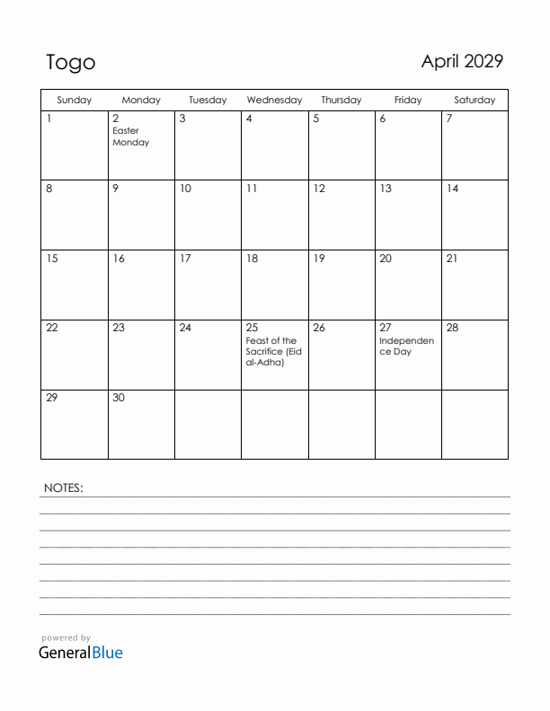 April 2029 Togo Calendar with Holidays (Sunday Start)