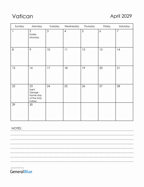 April 2029 Vatican Calendar with Holidays (Sunday Start)