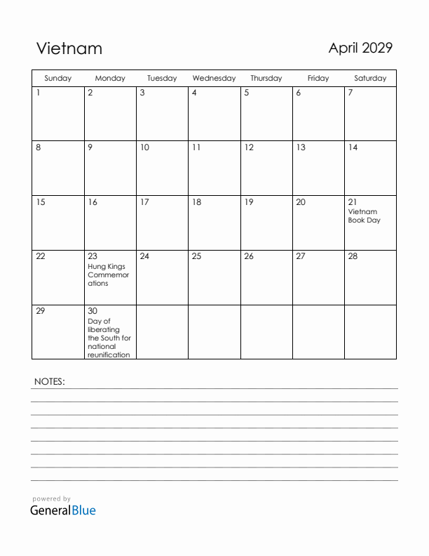 April 2029 Vietnam Calendar with Holidays (Sunday Start)