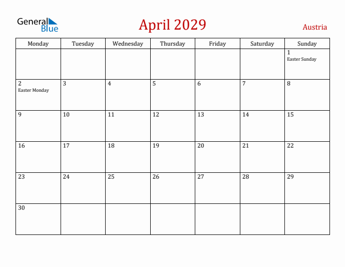 Austria April 2029 Calendar - Monday Start