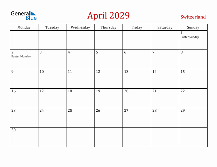 Switzerland April 2029 Calendar - Monday Start