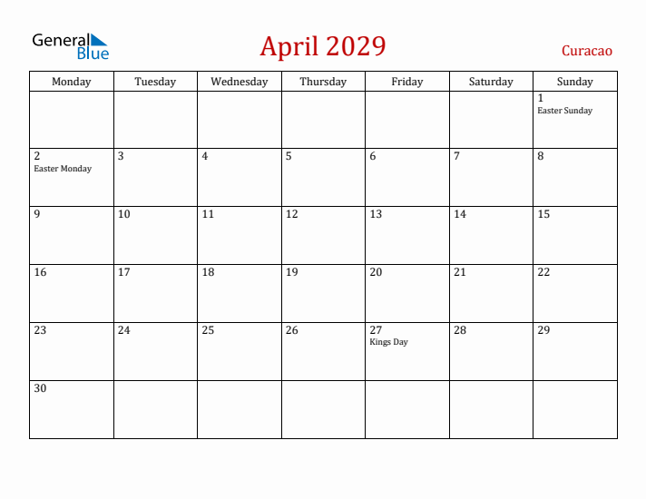 Curacao April 2029 Calendar - Monday Start