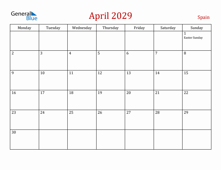 Spain April 2029 Calendar - Monday Start