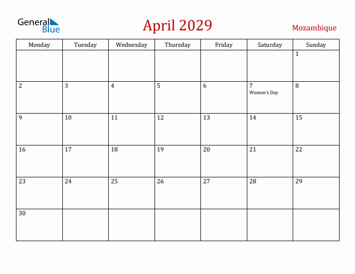 Mozambique April 2029 Calendar - Monday Start