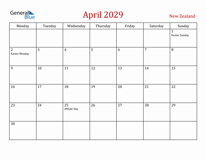 New Zealand April 2029 Calendar - Monday Start