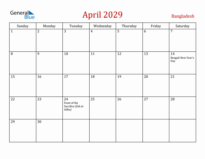 Bangladesh April 2029 Calendar - Sunday Start