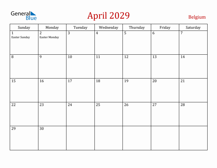 Belgium April 2029 Calendar - Sunday Start