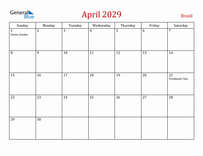 Brazil April 2029 Calendar - Sunday Start