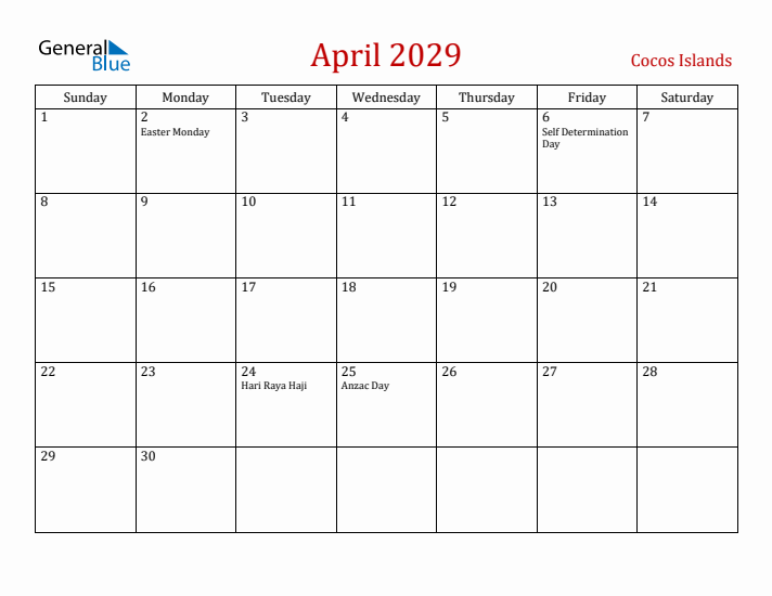 Cocos Islands April 2029 Calendar - Sunday Start