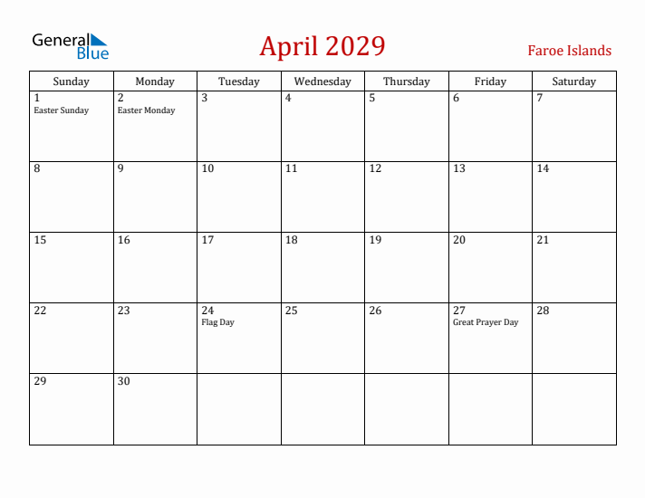 Faroe Islands April 2029 Calendar - Sunday Start