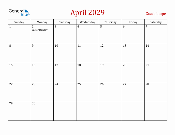 Guadeloupe April 2029 Calendar - Sunday Start