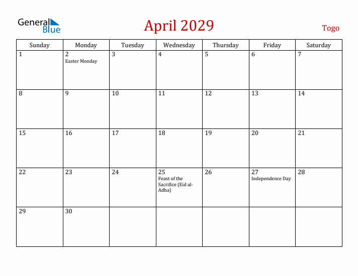 Togo April 2029 Calendar - Sunday Start