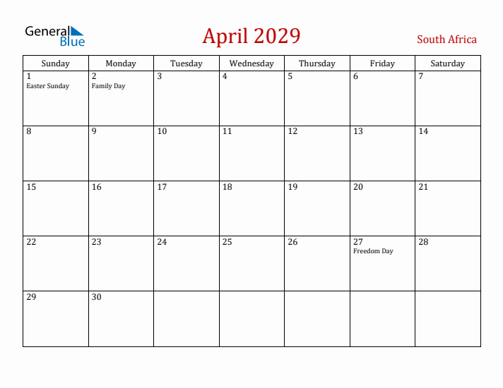 South Africa April 2029 Calendar - Sunday Start