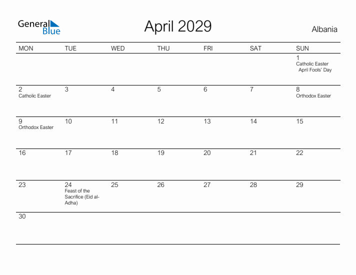 Printable April 2029 Calendar for Albania