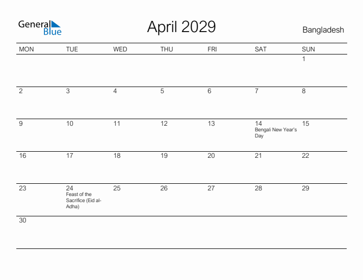 Printable April 2029 Calendar for Bangladesh