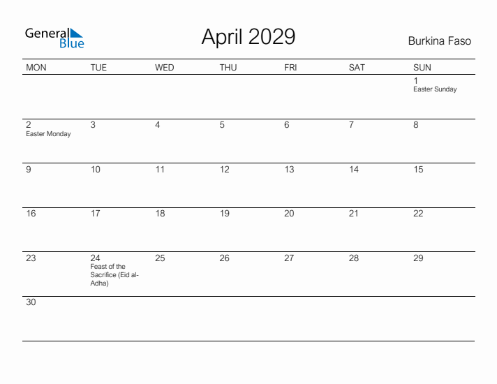 Printable April 2029 Calendar for Burkina Faso