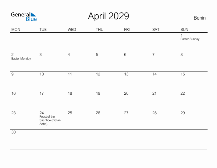 Printable April 2029 Calendar for Benin