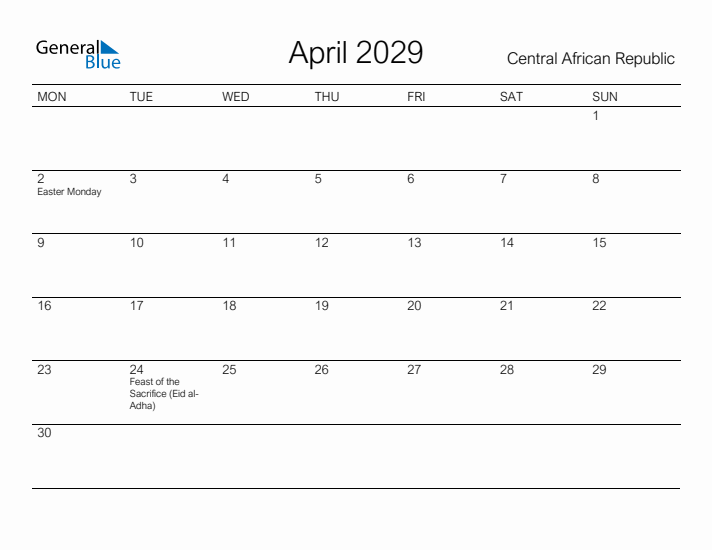 Printable April 2029 Calendar for Central African Republic