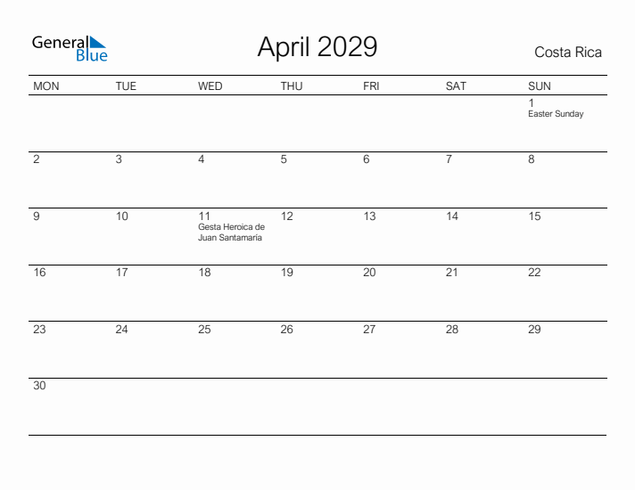 Printable April 2029 Calendar for Costa Rica