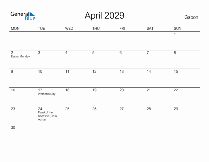 Printable April 2029 Calendar for Gabon