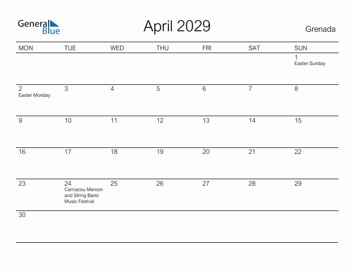 Printable April 2029 Calendar for Grenada